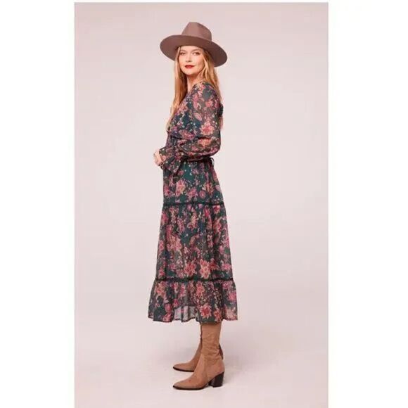 Band of the Free BOG Dress Small Run the World Pine Berry Boho Floral Flowy Midi - Picture 4 of 16